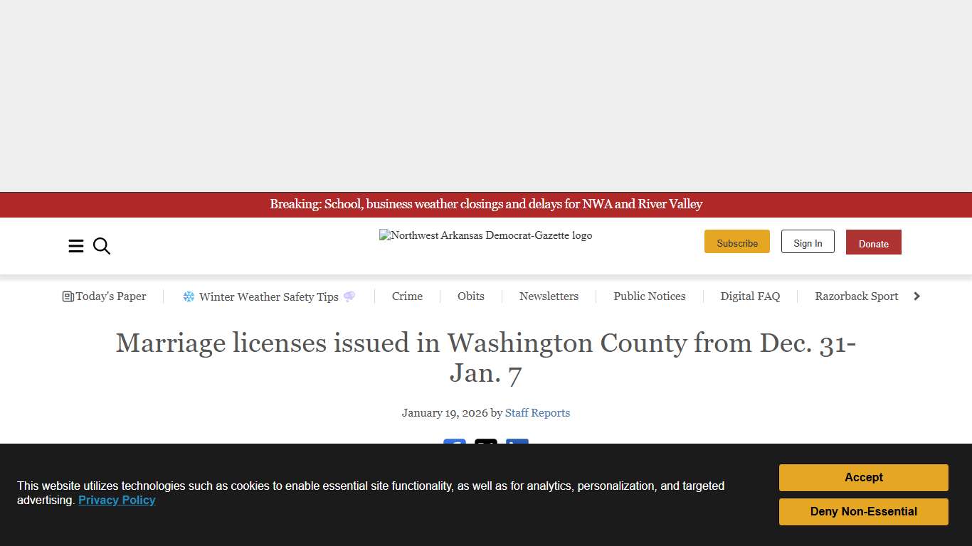 Marriage licenses issued in Washington County from Dec. 31-Jan. 7 Northwest Arkansas Democrat-Gazette